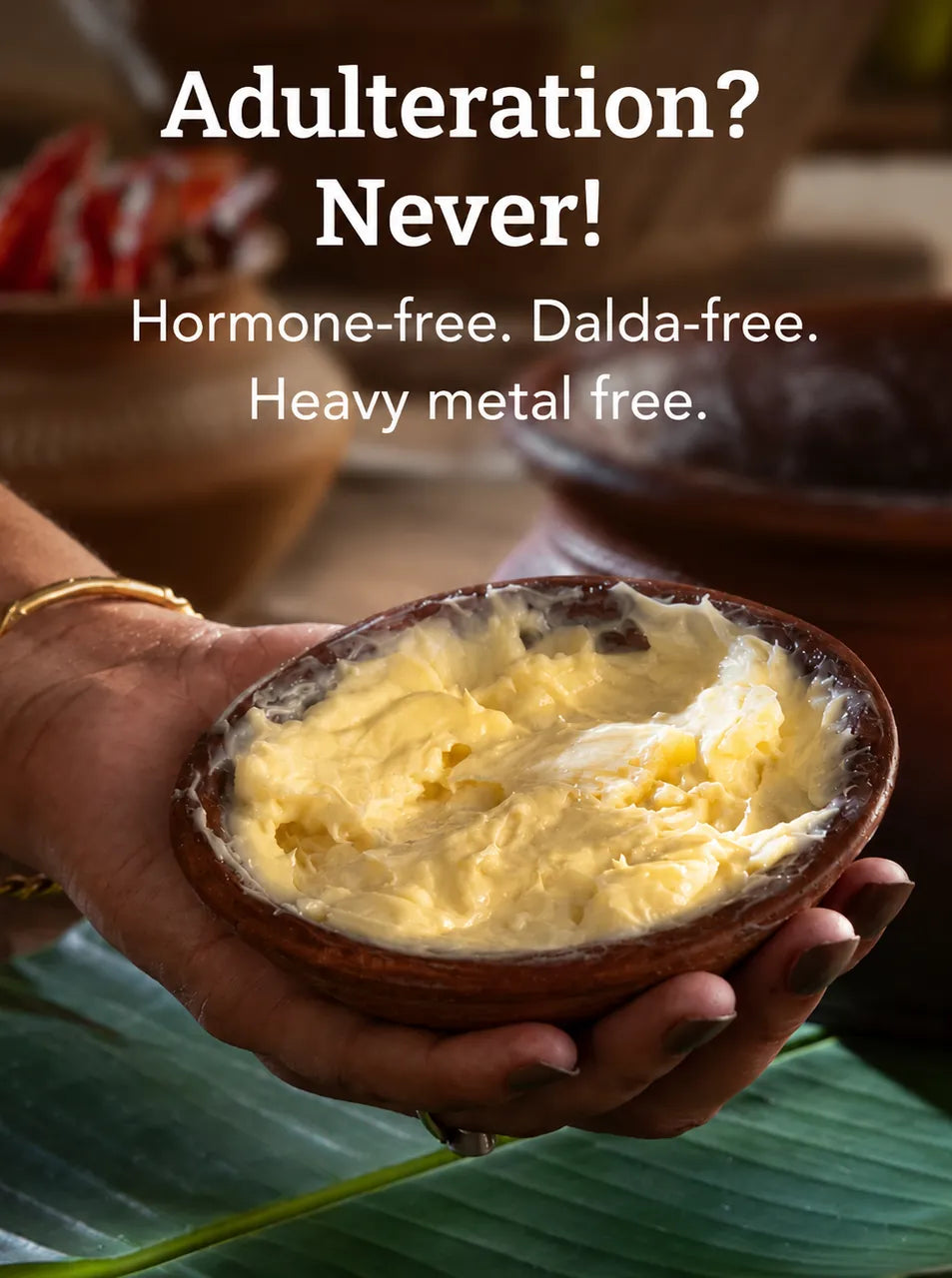 Hands holding a bowl of grainy Darbar ghee — adulteration never
