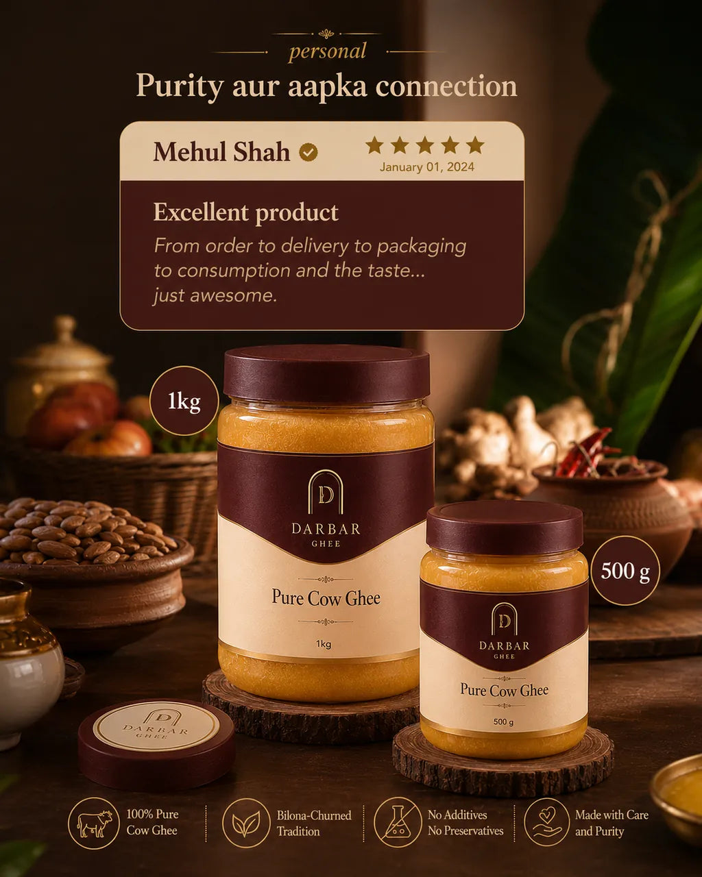 Darbar Pure Cow Ghee in 1kg and 500g jars side by side