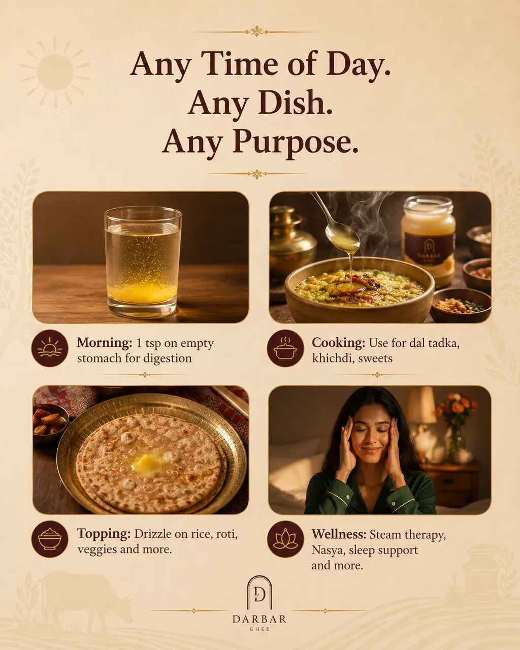 Ways to use Darbar ghee — morning, cooking, topping, wellness