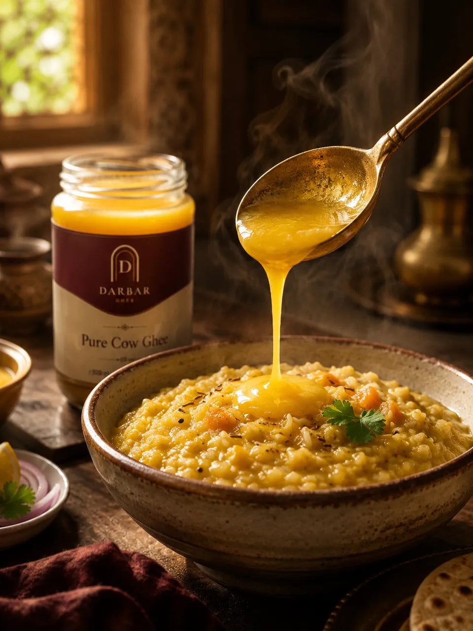 Golden Darbar ghee drizzling from a spoon over hot khichdi