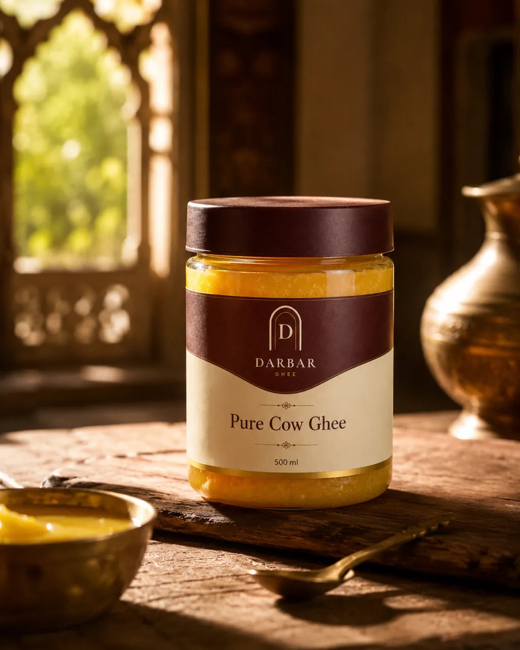 Darbar Pure Cow Ghee 500g jar with maroon lid on a wooden table by an arched window